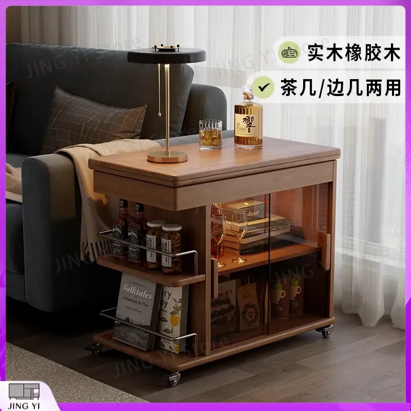 Solid Wood Coffee Table Stackable Multi Functional Small Apartment Living Room Side Table Sofa Side Table Portable Rolling