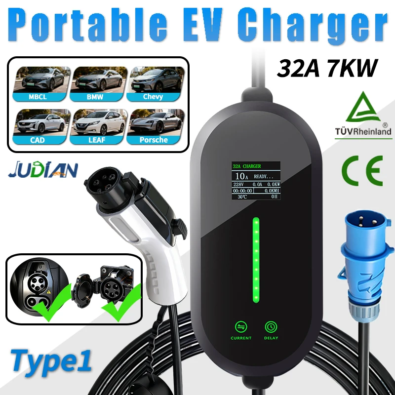 

32A 7KW type1 EV Charger Portable type1 Electric Vehicle Charger Current Adjustable EVSE Charging Box