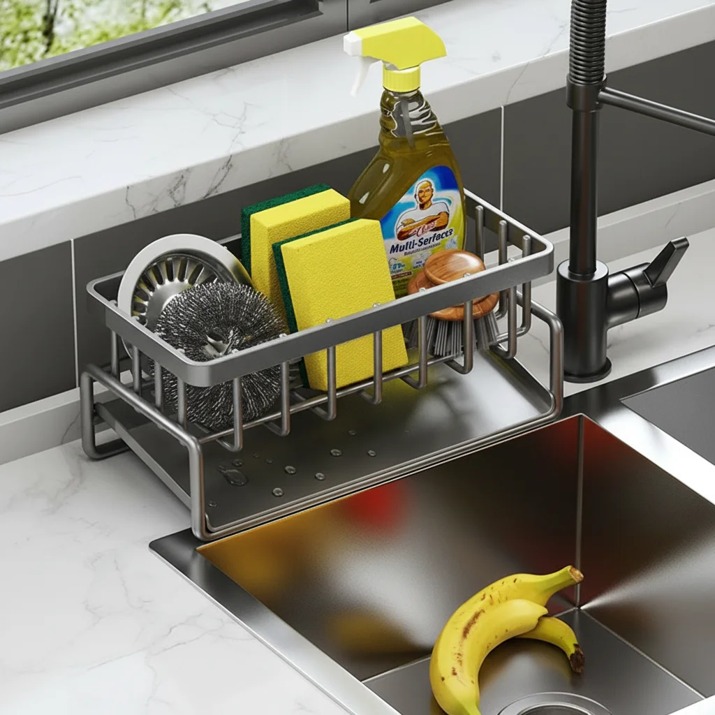 Space Saving Kitchen Sink Dish Rack Sponge Holder Water Drain Basket Countertop Storage Organizer for Cleaning Kitchen Supplies