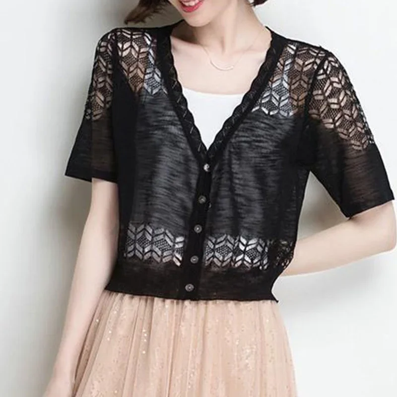 Spring Summer Solid Casual Loose Lace Thin Short Sleeve Knitted Cardigan Women\'s Clothing Elegant V-neck Soft Basic Commute Tops