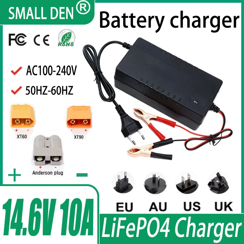 14.6V 10A LiFePO4 battery charger, suitable for 12V 12.8V LiFePO4 battery high-power charger Crocodile clip XT90 XT60 connector