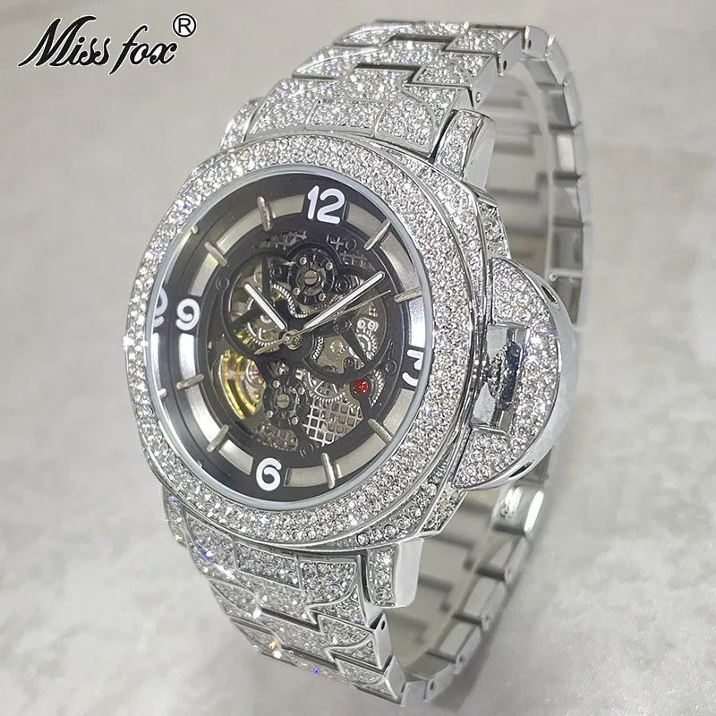 Hip Hop Brand MISSFOX Hollow Out Automatic Mechanical Men Watch Iced Out Diamond Fashion Wristwatch Luxury Waterproof Clock Gift