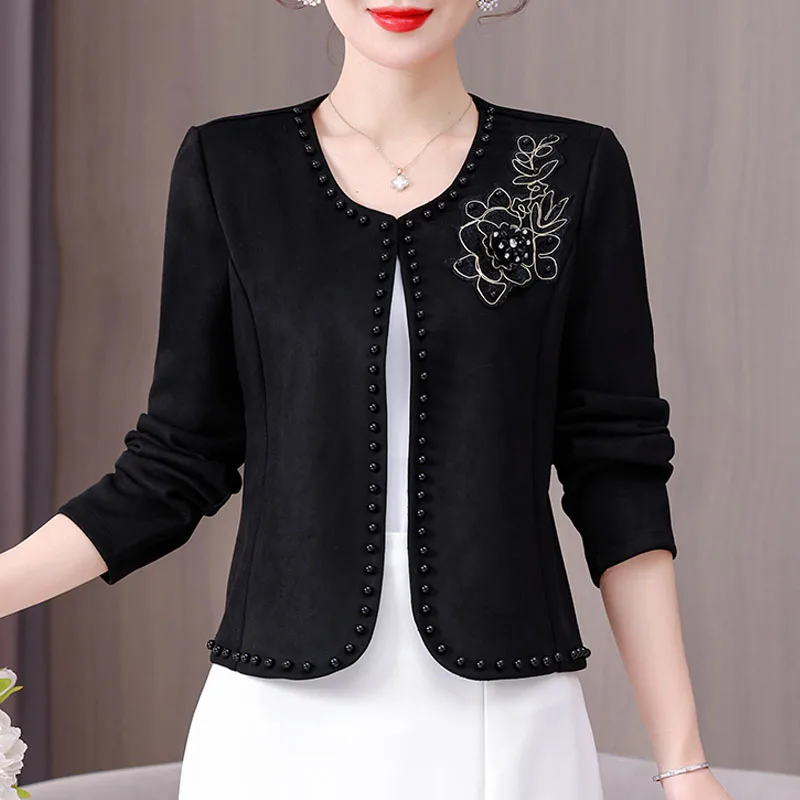 Nova manga longa jaquetas femininas branco preto jaqueta o-pescoço miçangas floral jaqueta casaco feminino outerwears jaqueta feminina q3631