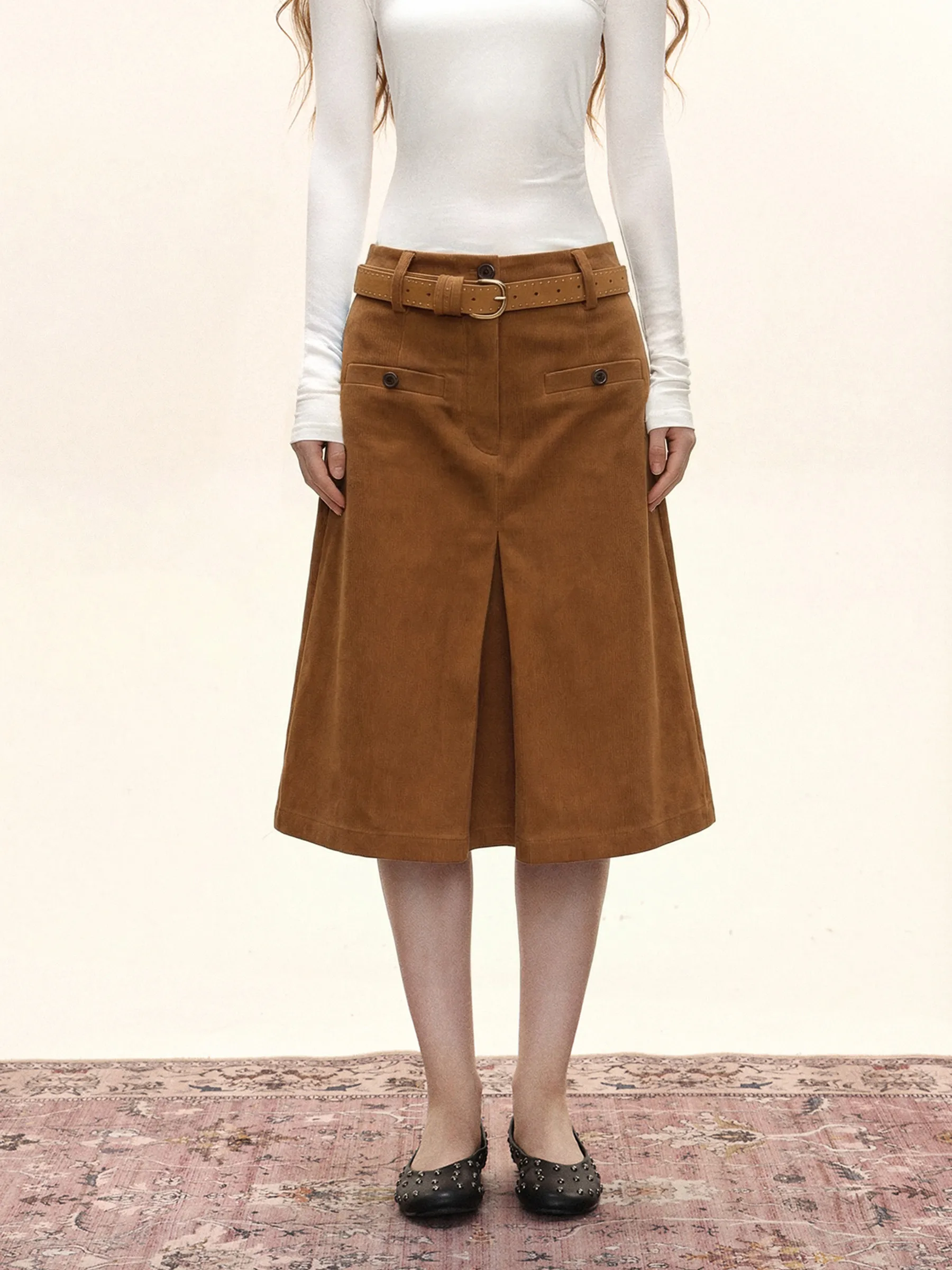 Woman Corduroy Pleated Skirt with Pockets Brown Vintage A-line Solid Knee Long Skirt Casual School Fall Winter Bottoms