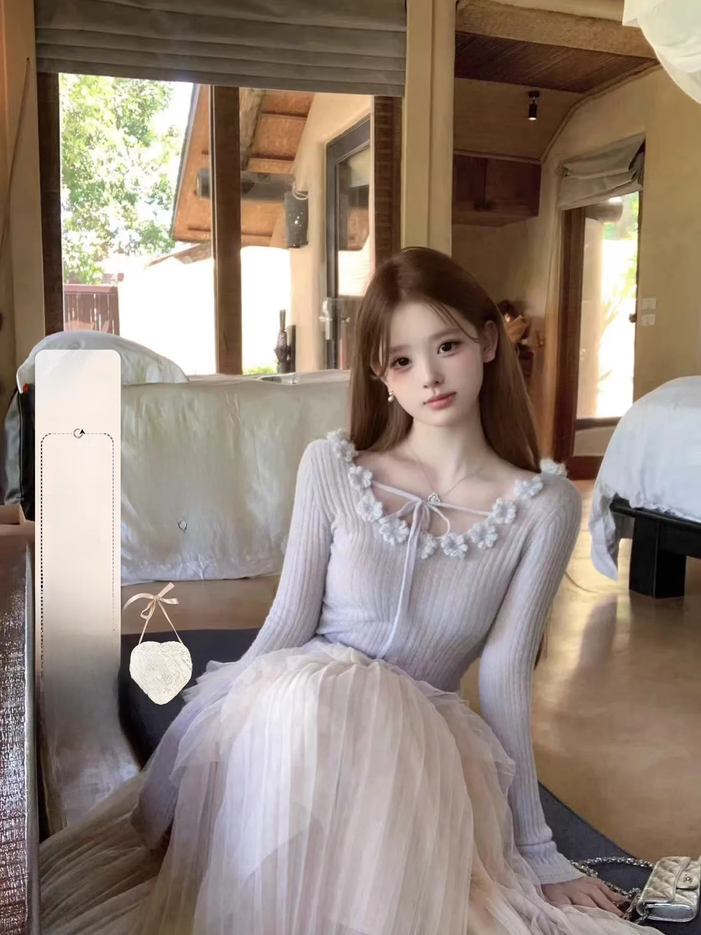 

Вязаный топ ручной работы с бисерными цветами и поясом, женский, с длинными рукавами, стандартной длины, весенний, синий цвет, модный, быстрая доставка