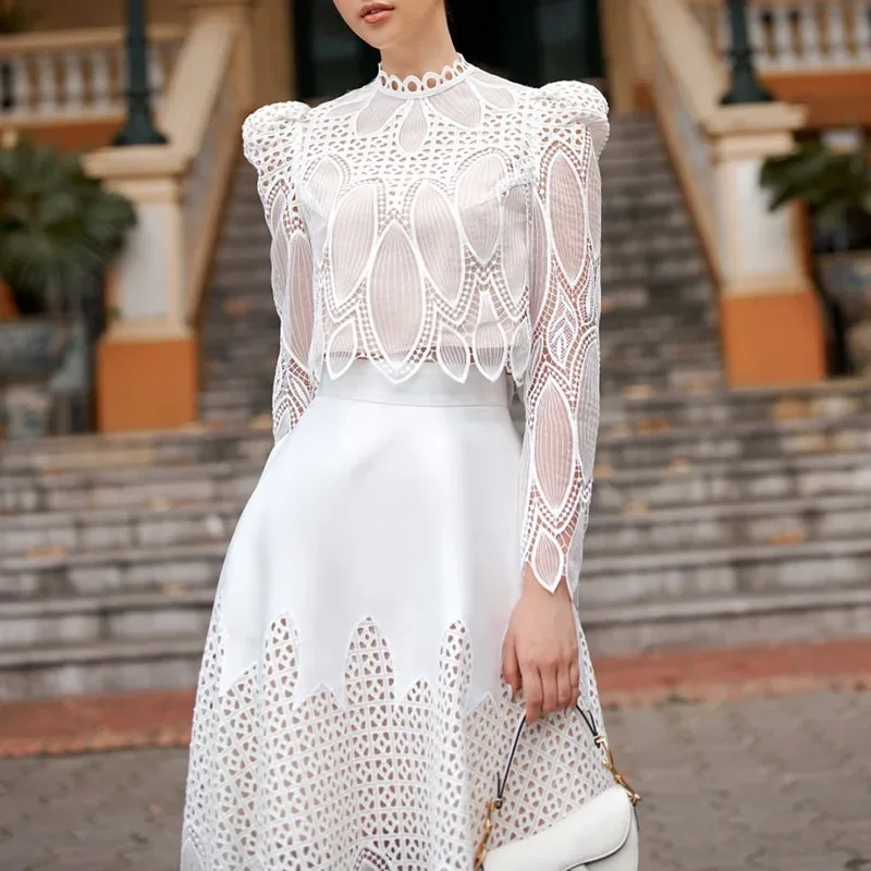 Designer Spring/Summer 2024 Lace Embroidery Hollow Dress Two-piece Set Palace Style 2 Piece Sets Women Outfit Pieces New Women\'s