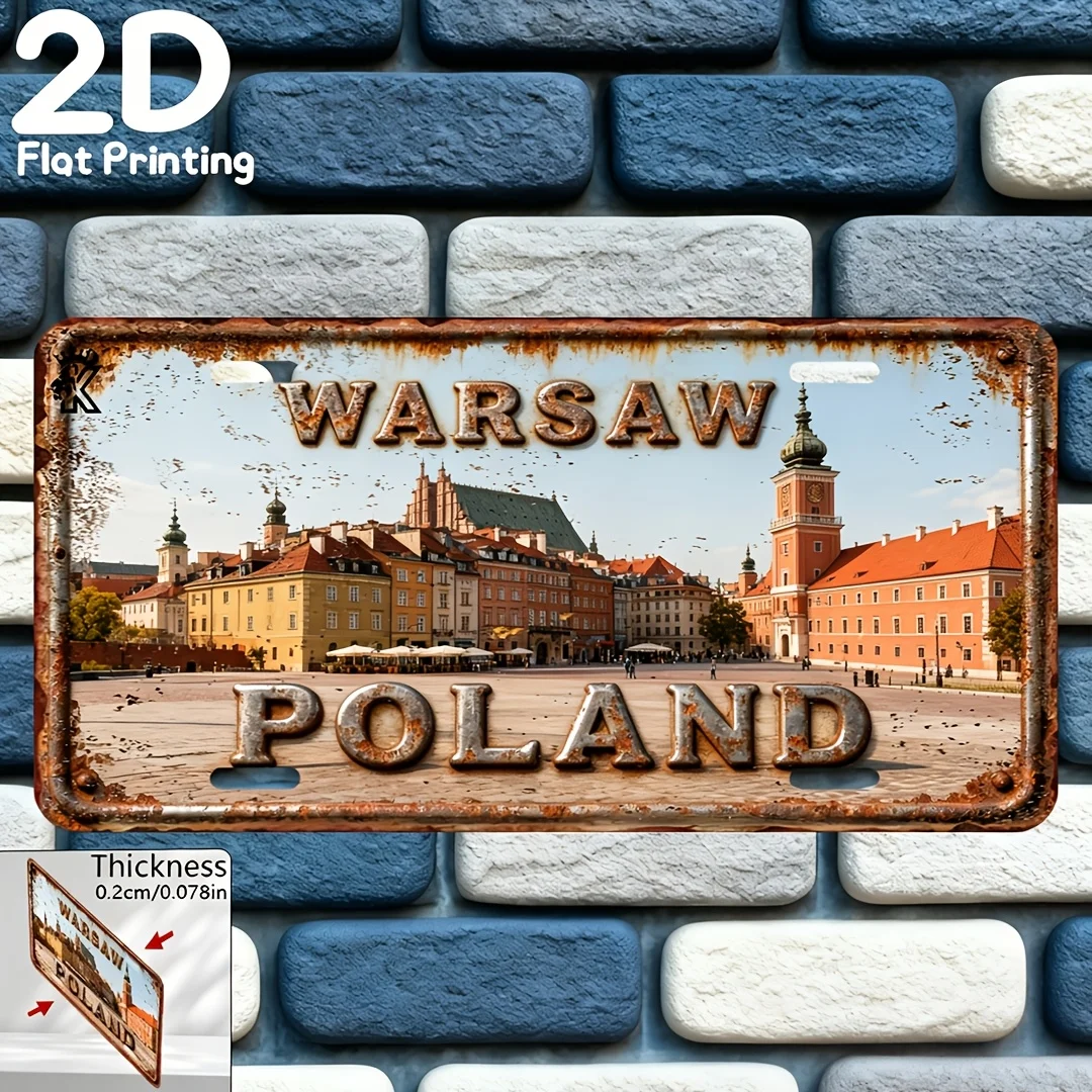 2D Flat 1pc Retro Warsaw Poland Aluminum Wall Sign City Themed Wall Art Ideal Gift for Architecture Urban Enthusiasts