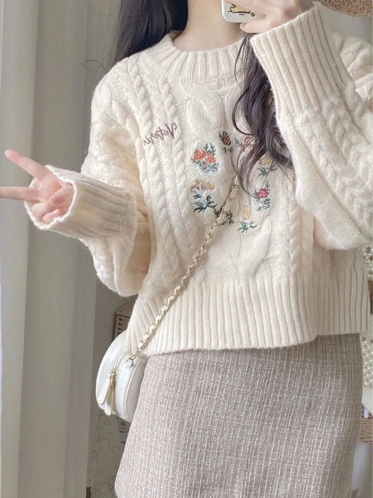 Zoki Chic Floral Embroidery Sweaters Women Japan Sweet Loose O Neck Knitted Jumper Tops Fashion Long Sleeve Cute Casual Pullover