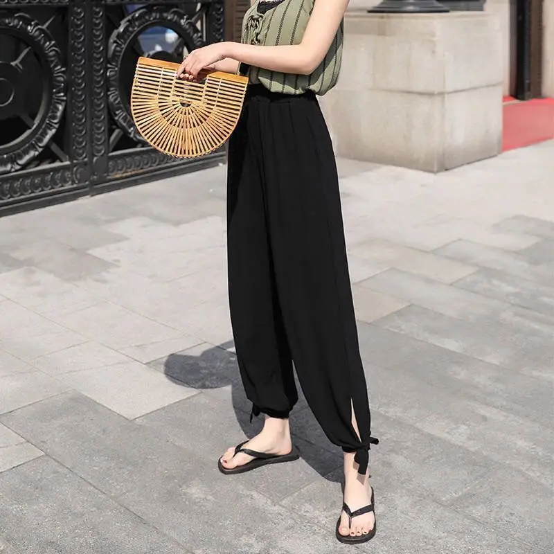 Women Summer Simplicity Fashion Solid Color High Waist Thin Bloomers Women Clothes Casual All-match Appear Thin Cropped Pants