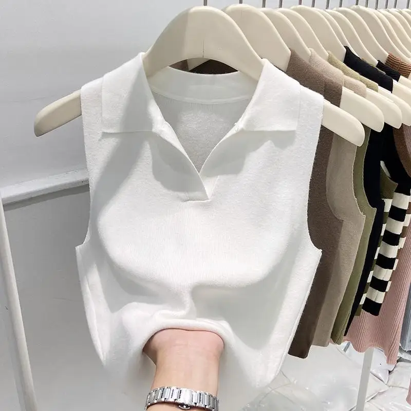 Autumn New Korean Version of Polo Collar Sleeveless Knitted Vest for Women Short Simple Casual and Versatile Slim Top