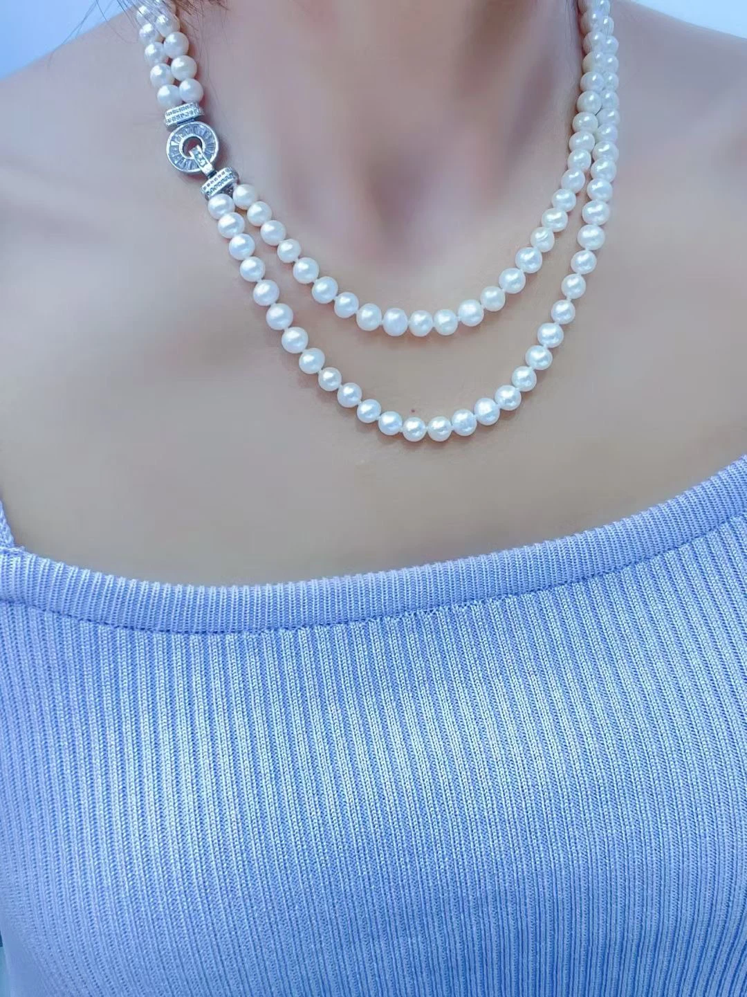 

2 Row - Classic Pearl Necklace AAAA6-7mm Natural Japanese Round White Pearl Necklace 16/18inch 18/20inch-14k