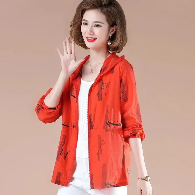 Sunscreen Women's 2023 New Mother's Summer Ladies Jacket Clothes Printed Thin Sun-Protective Clothing Hooded Coat Female