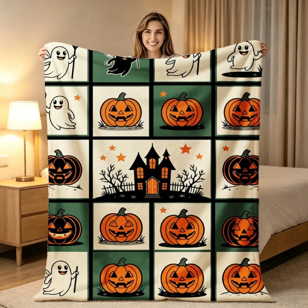 1pc Bohemian Style Flannel Blanket Suitable for Halloween & Christmas - Soft Warm Bedspread with Haunted House Print, & Pumpkin, Machine Washable Cozy Bed Cover for Sofa, Bed, Living Room Decor, Autumn Winter Gift