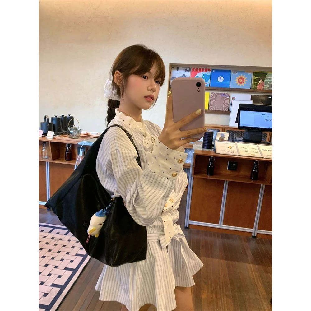 Korean Style A Line Shirt Dress - Koreanisches Süßes Schulstil-Kleid mit Streifenmuster und