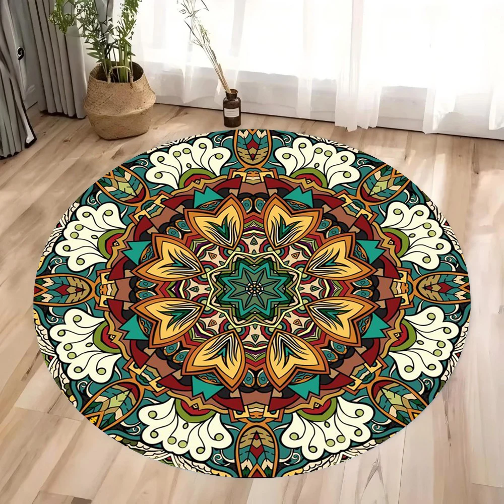 Colorful 3D Mandala Mystery Chakra Print Round Rug Meditation and Yoga Non-Slip Machine Washablefor Bedroom and Living Room