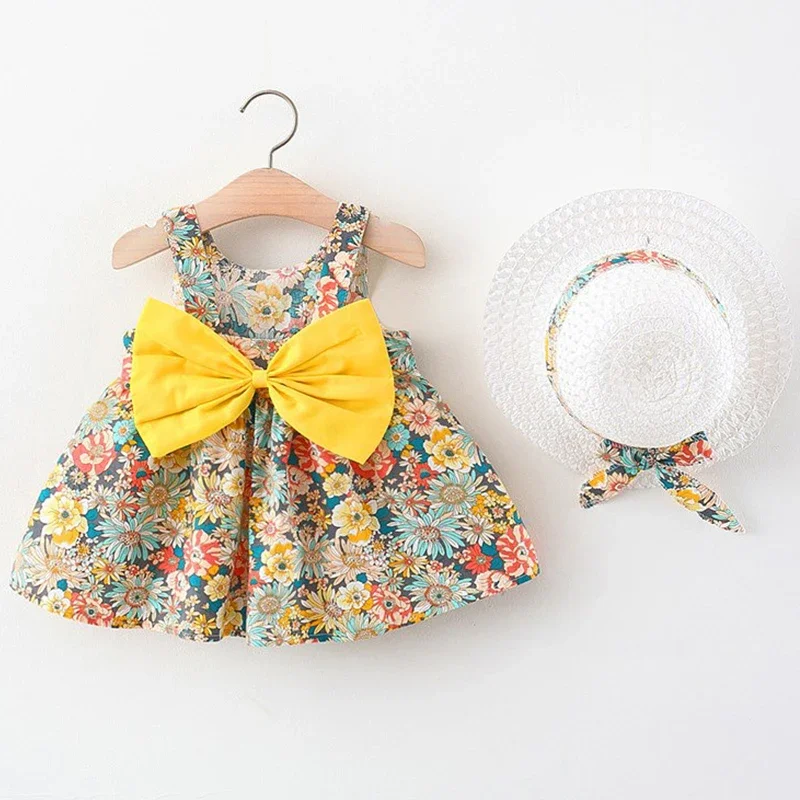 

2Piece Sets Summer Toddler Girl Clothes Korean Fashion Flowers Cute Bow Sleeveless Princess Baby Dresses+Sunhat Kids Dress BC136