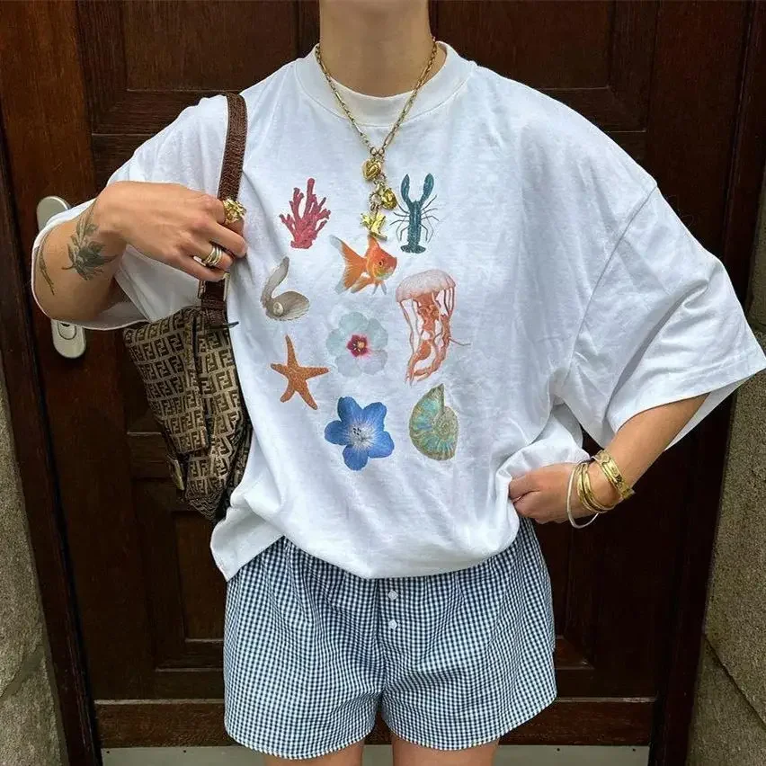 gaono Women Y2k Oversized Shirt Summer Short Sleeve Fruit Print Graphic Short Sleeve Loose Fit Baggy T-shirt Aesthetic Clothes