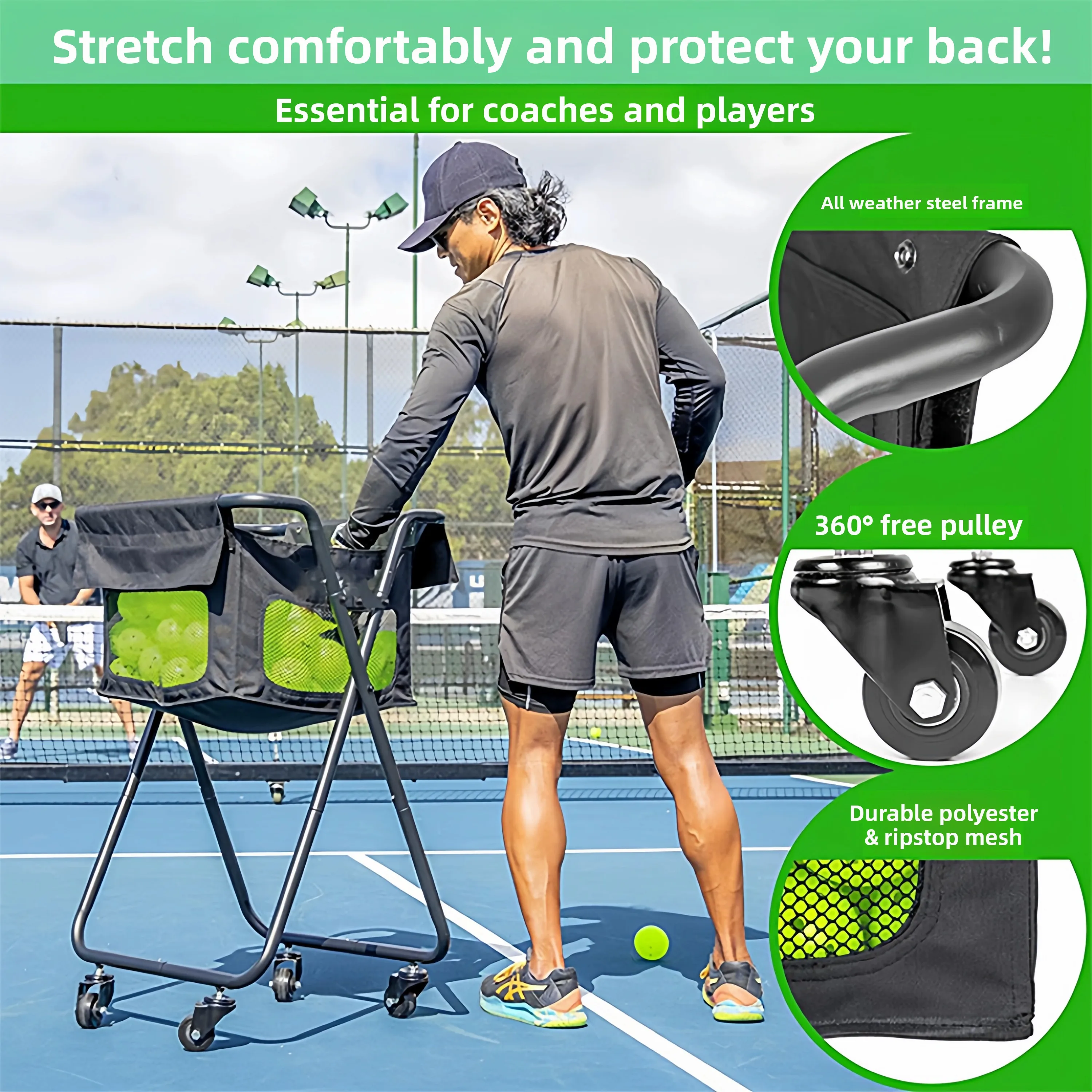 Multi Function Pickball Collection Cart Portable Folding Tennis Baseball Pickup Large Capacity Mobile Storage for Court