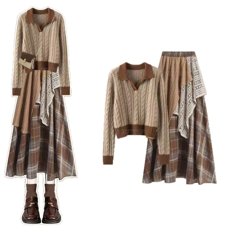 Large Size Early Autumn Maillard Set, Women's Wasteland Style Age Reducing Niche Sweater with Patchwork Lace Skirt Two-piece Set