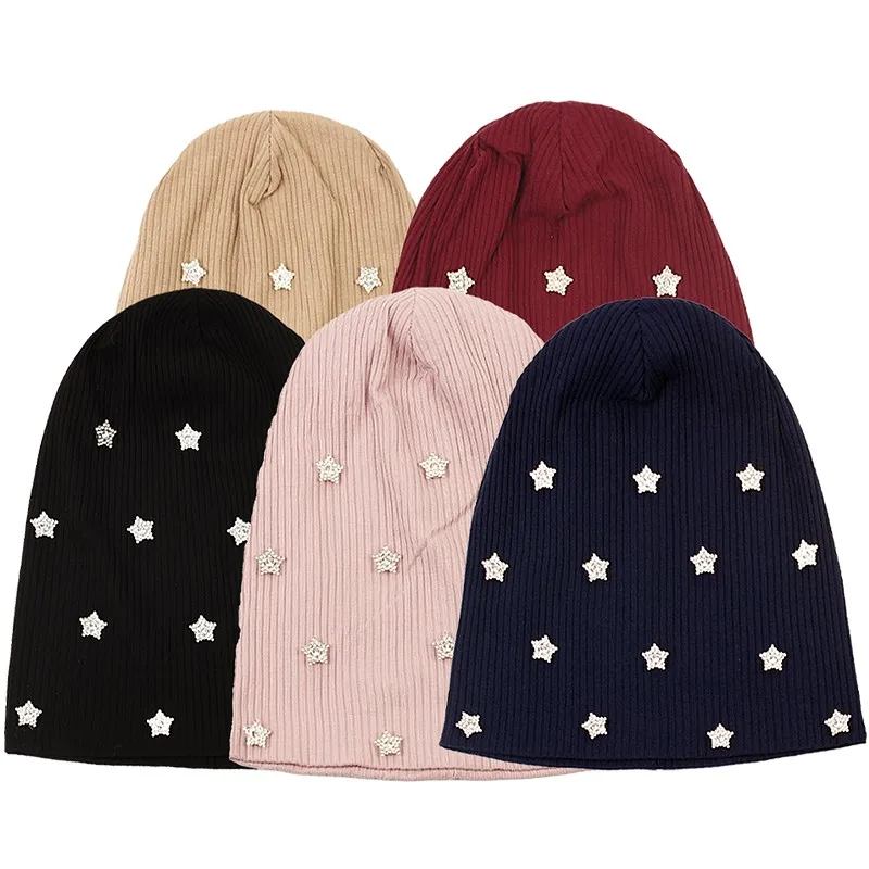 Women Rhinestone Star Ribbed Beanie Hat Autumn Winter Knit Slouch Hat For Ladies Casual Overisze Baggy Hats Customized Stuff