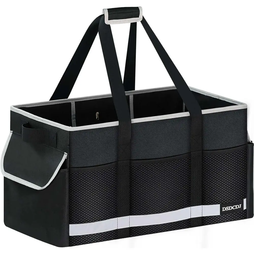 

Reflective Strip Utility Tote Bag, Durable Grocery Totes with Hard Base & Reinforced Sides, Collapsible Shopping Bags for Beach,