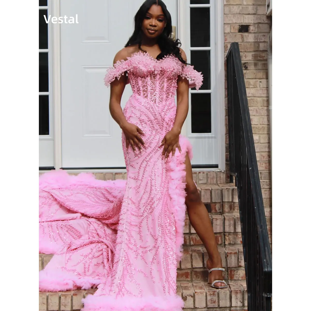 

Vestal Pink Off-the-Shoulder Prom Dress Crystal Beaded Wedding Guest Black Girls Evening Party Birthday Gown Customized