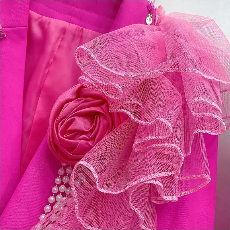 3D Flower Diamonds Beaded Mesh Ruffles Blazers Coat Yarn Spliced Ruched Rhinestones Suits Jacket Gauze Pleated OL Cardigan Tops