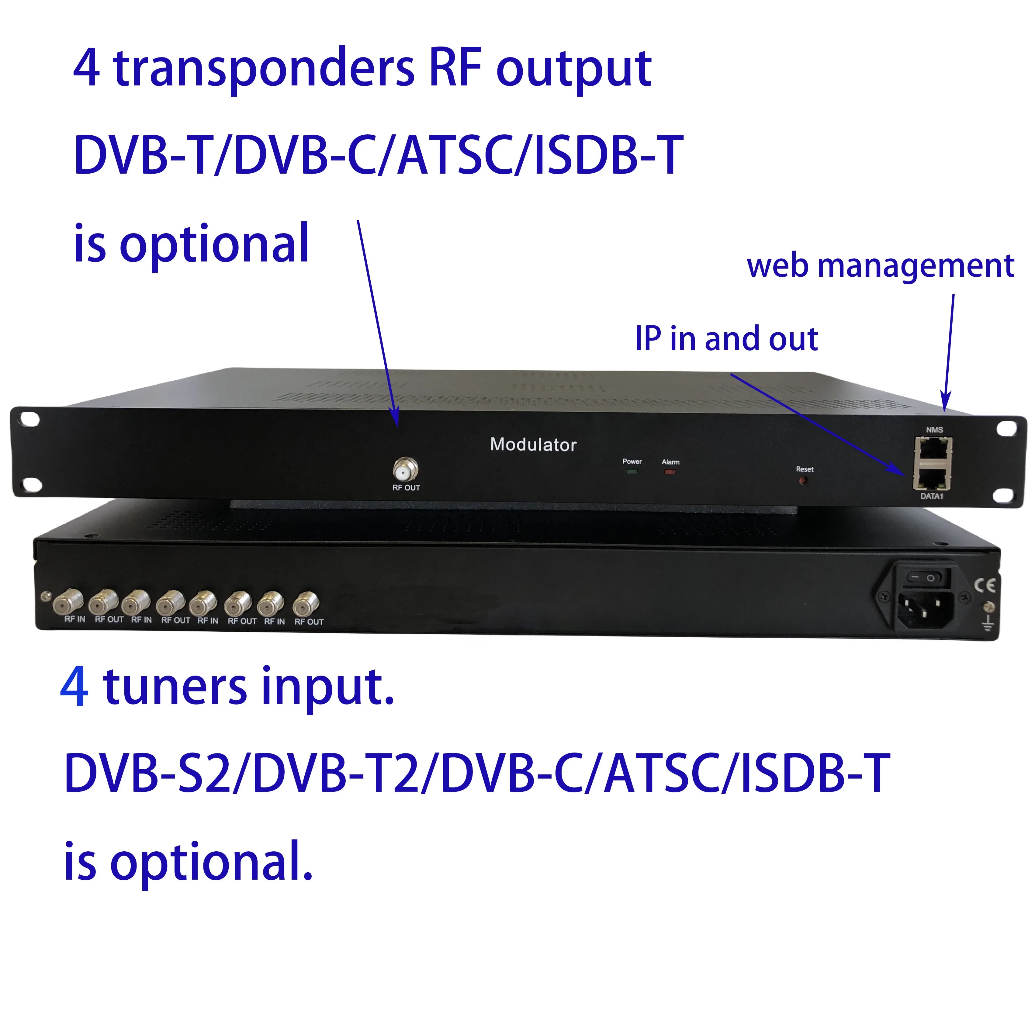 

4 way dvb-s2 to DVB-T/DVB-C/ATAC/ISDB-T digital catv modulator, ATSC to ATSC modulator, ISDB-T to ISDB-T RF modulator