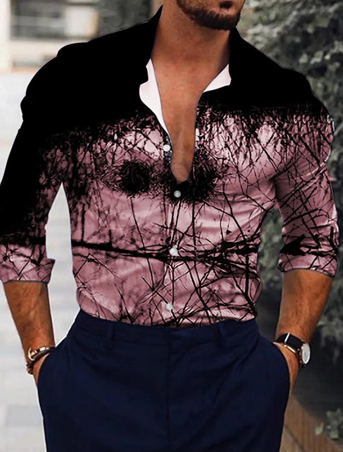 Camisa con estampado degradado para hombre, camisa de manga larga con botones, ropa informal cómoda de diseñador de moda para exteriores