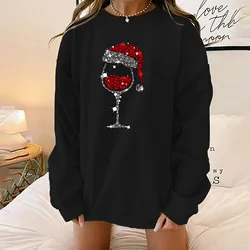 Oversize Loose Casual Women Christmas Sweatshirts Solid Color Red Hat Wine Glass Graphic Long Sleeve Crewneck Pullover Sweater