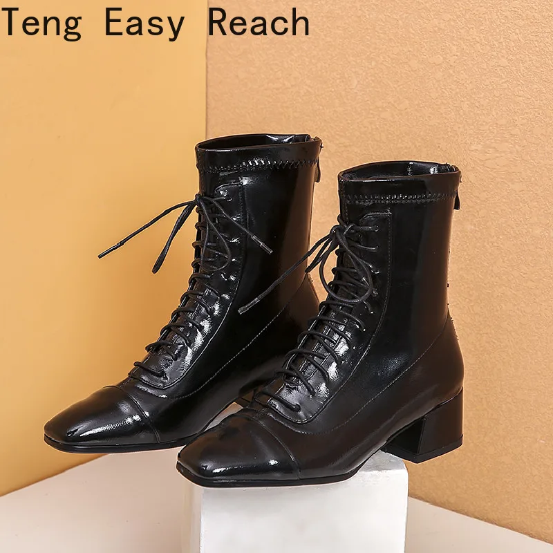 

2022 high quality New arrival women boots square head low heel boots thick heels zipper fashion lace up ankle boots shoes woman