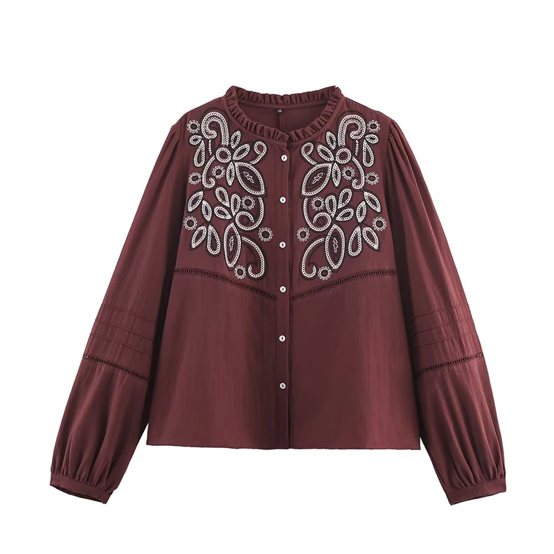 

Burgundy Embroidery Shirt Women Front Button Long Sleeve Spring Autumn Casual Blouse Vintage Tops Blusas Mujer