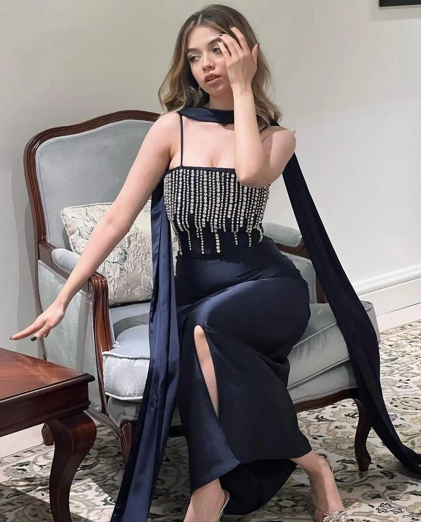 Robe de Soirée de Luxe Noire et Élégante avec Perles pour Femme, Tenue de Bal, Spaghetti, avec Traîne Amovible, Quelle que soit la Tenue de Mariage, 2024