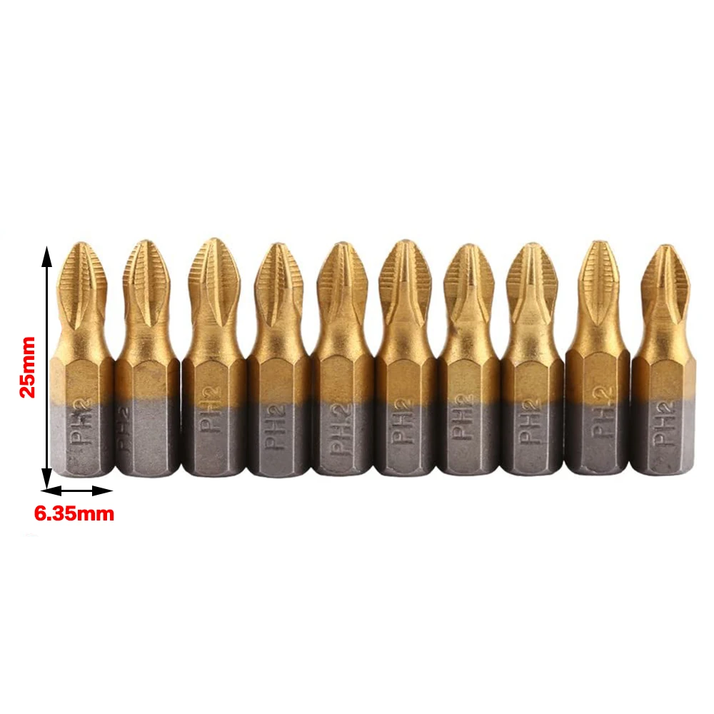 10pcs 25mm Philips Screwdriver Bits S2 Alloy Titanium Coated 1/4 Hex Shank PH2 Anti-slip Magnetic Cross Screwdriver Bits Set