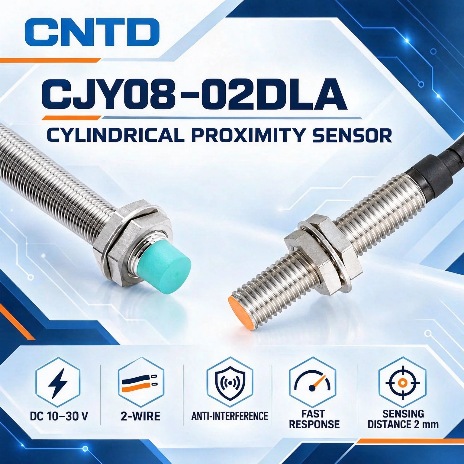 CNTD Inductive Proximity Switch CJY08-02DLA Sensor, M8, DC 2-wire, NO NC 24V cable length 1.5m 2m sensing distance 1mm 2mm