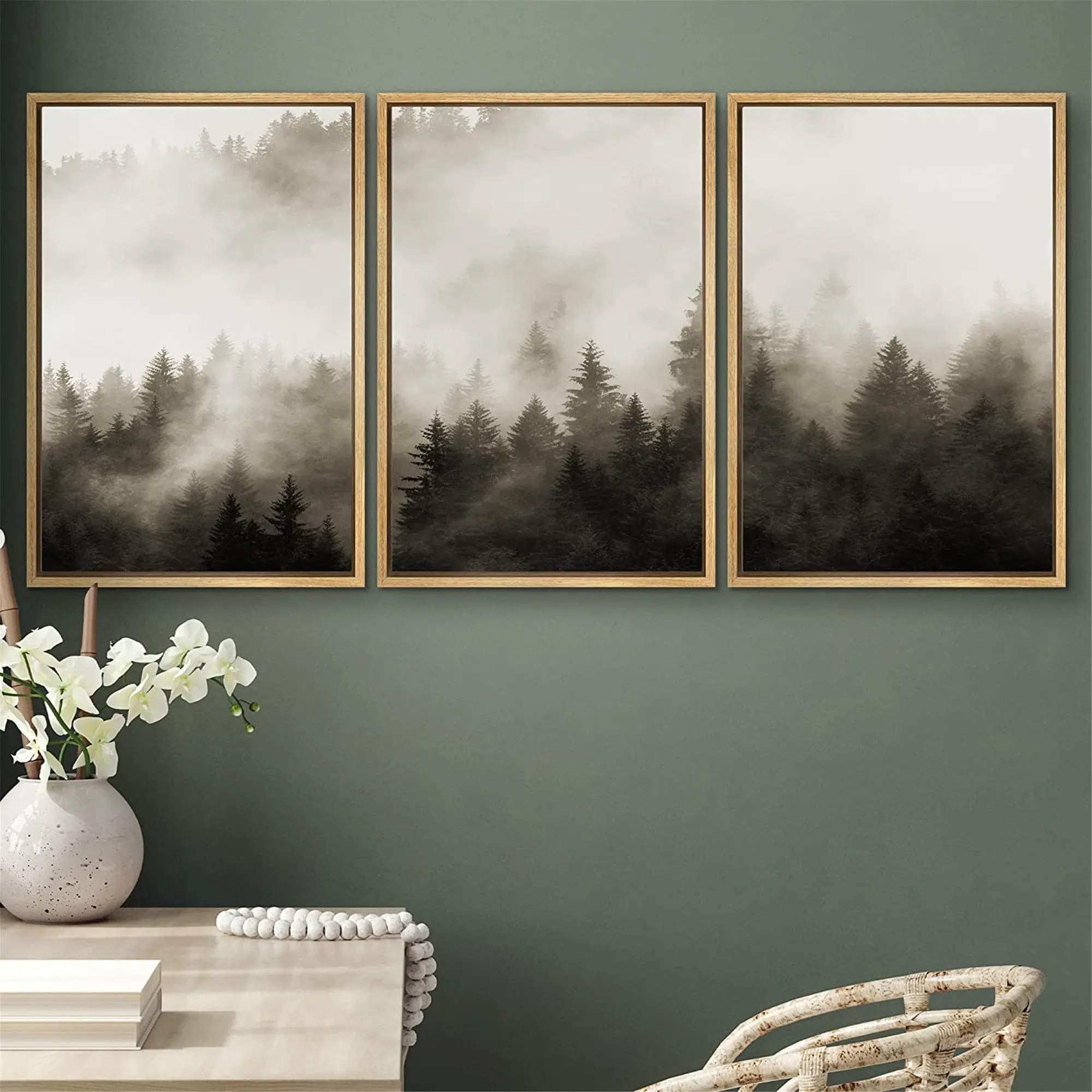 3pcs frameless Canvas Painting 3 Piece Canvas Wall Art Black and White Misty Mountain Forest Landscape Photography Prints Modern