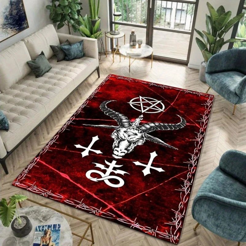 Satanic Skull Velvet Mat, Gothic Ram Head Design, Durable Non Slip, Home Office Outdoor Decor, Halloween Floor Rug