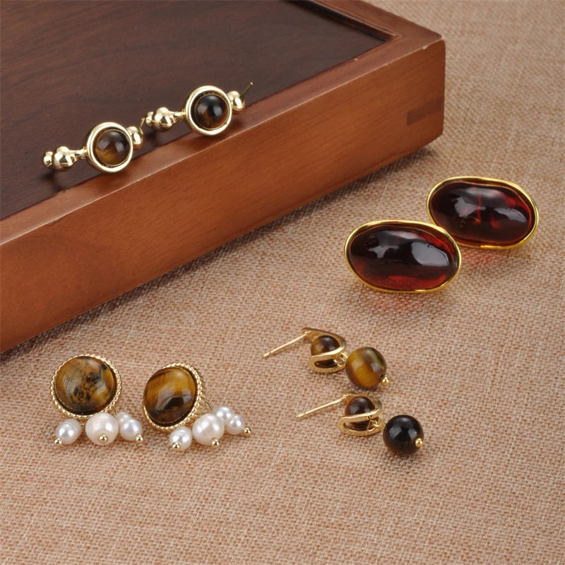 New Retro Simple Brown Amber Platinum Tiger Eye Stone Earrings Women's Fashion Gold-plated Jewelry Souvenir Gift