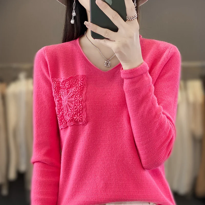 2023 New Hooked flower pocket Cashmere sweater women V-Neck Long sleeved cashmere sweater women casual knitted  women