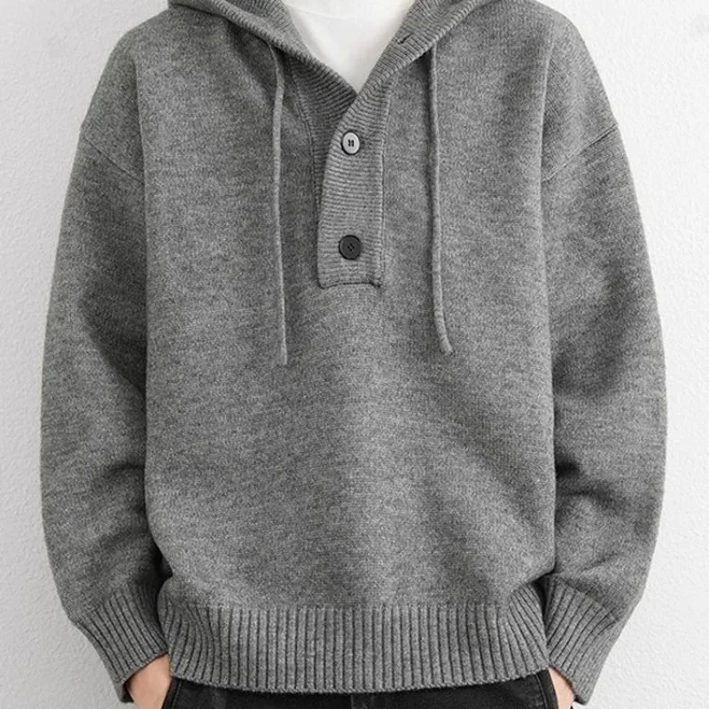 Men's Gray Hooded Pullover Sweatshirt Loose Fit Casual Basic Hoodie Long Sleeve Solid Color Knit Top for Autumn Winter Daily