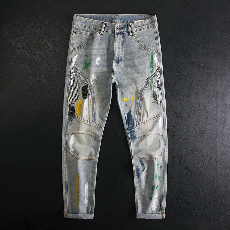 

Graffiti splashed ink spliced jeans for men, slim fit, small feet, multiple pockets, zipper, trendy motorcycle style pants
