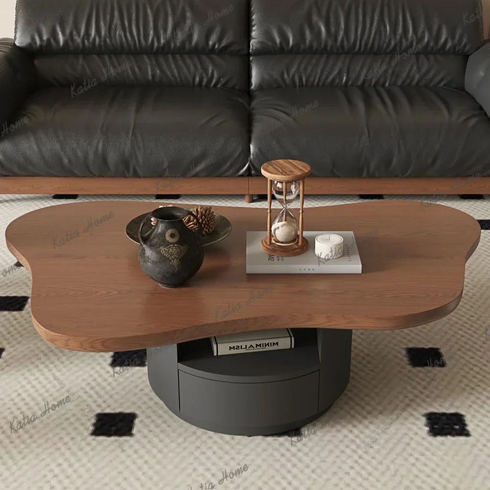 LSMid-Century Cloud Coffee Tables 2 Drawers & Multi-Layer Storage Walnut Grain Top & Black Painted Density Board Base Center Tab