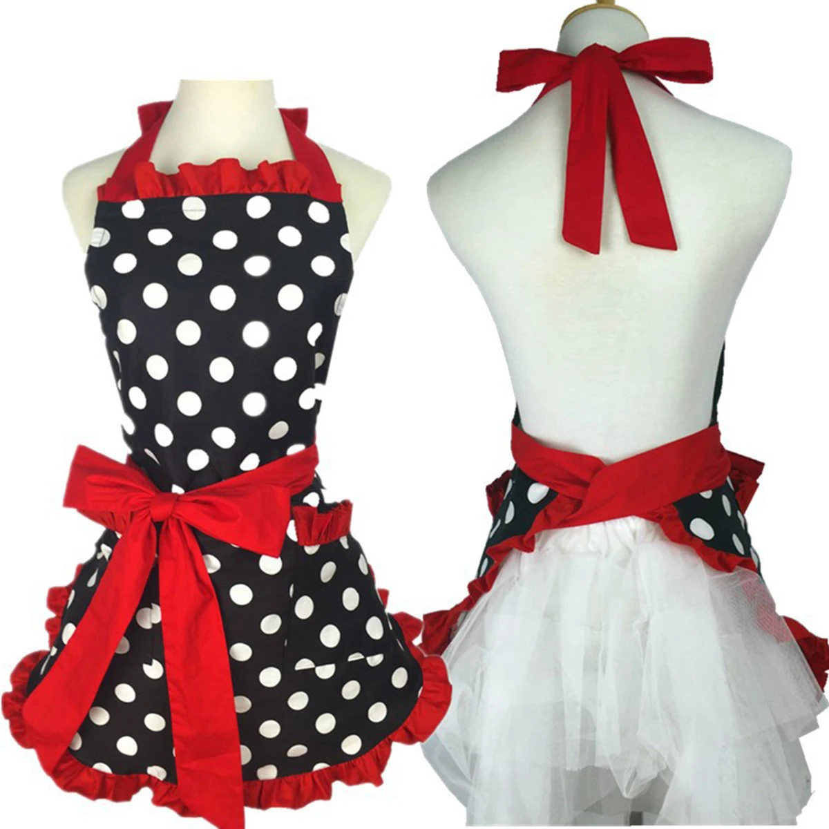 Kitchen Apron Cute Apron Retro Polka Dot Aprons Adjustable Ruffle Side Cooking Aprons with Pockets For Waitress Kitchen Supplies