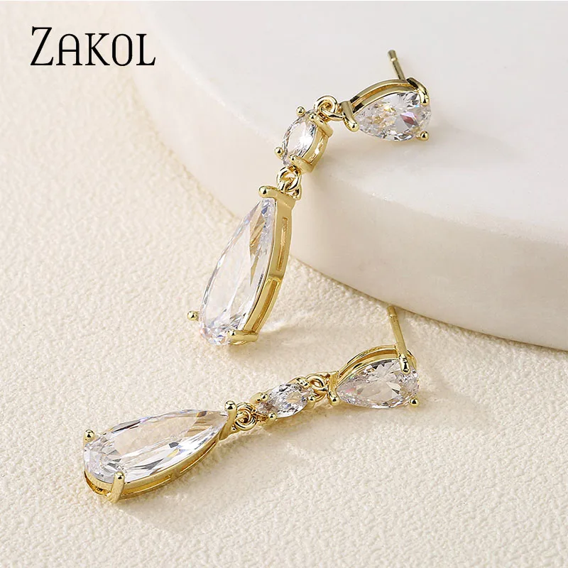 ZAKOL Classic Luxury Water Drop Cubic Zirconia Dangle Earrings for Women Female Shiny CZ  Bride Wedding Jwellery FSEP2982