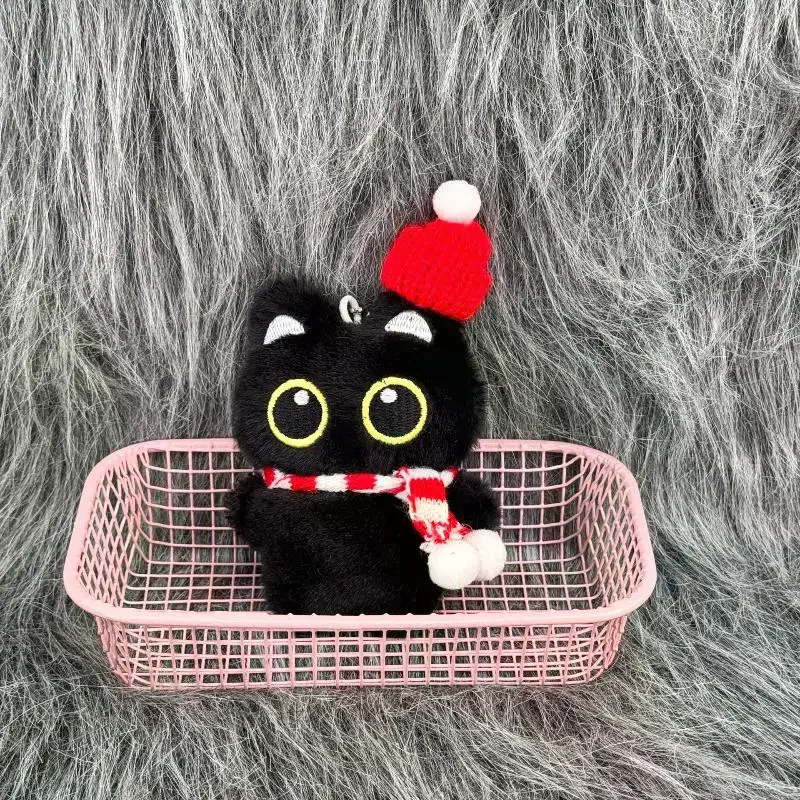 Cartoon Christmas Plush Black Cat Keychain Backpack Hanging Decoration Kawaii Soft Stuffed Doll Toy Bag Pendant Couples Gift