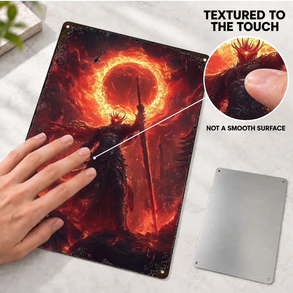 Infernal King Blazing Eclipse Textured Metal Poster Personalized Aluminum Sign Gothic Digital Design Wall Art For Reading Nook