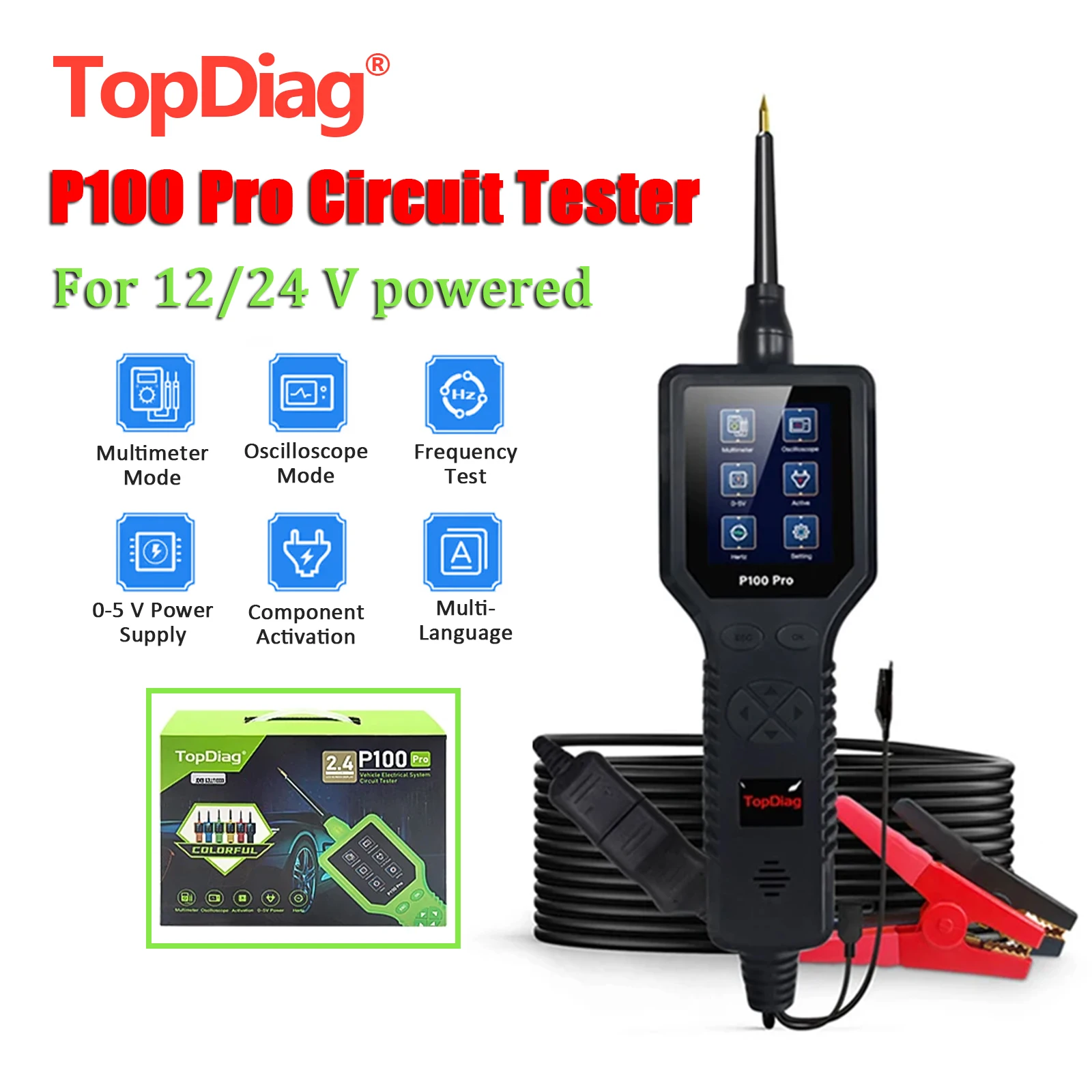 Topdiag P100 Pro جهاز فحص الدائرة الكهربائية للسيارات 12/24 فولت سيارة التشخيص مسح المركبات نظام كهربائي تستر دراجة نارية محلل الدائرة