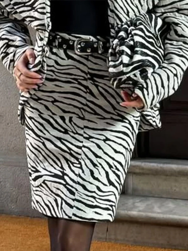 Fashion Zebra Printing Women's Jacket Skirts Suit V-Neck Waist-Closed Lady Sets 2026 Autumn Elegant 2 Pieces Set Women Outfits view 5