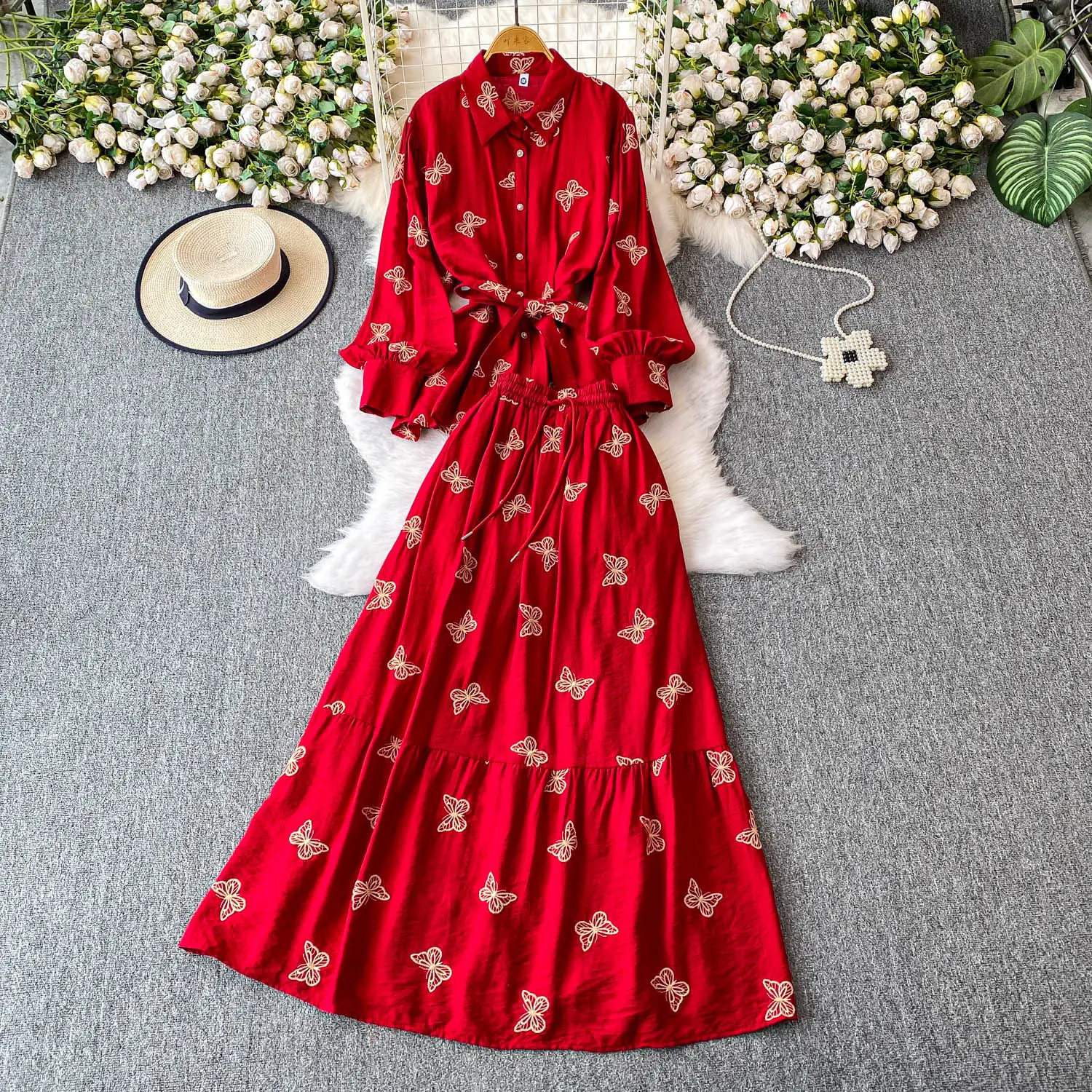 

Butterfly Embroidery Two-piece Sets for Women Spring French Style Long Sleeve Shirt with Sashes Drawstring Slim-looking Skirt