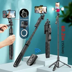 FANGTUOSI Wireless Selfie Stick Tripod 1530mm Foldable Monopod for Gopro Action Cameras Smartphones iPhone 13 14 Xiaomi